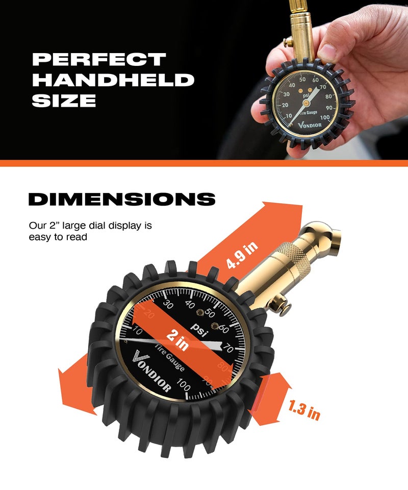 Vondior Tire Pressure Gauge (0-100 PSI) Heavy Duty  Certified ANSI Accurate with Large 2 Inch Easy to Read Glow Dial  Low - High Air Pressure Gauge. Tire Gauge for Car and Trucks Tires - Image 4